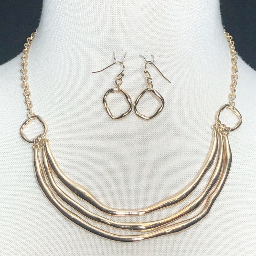 3 Bar Gold Layered Scoop Necklace Earrings Set